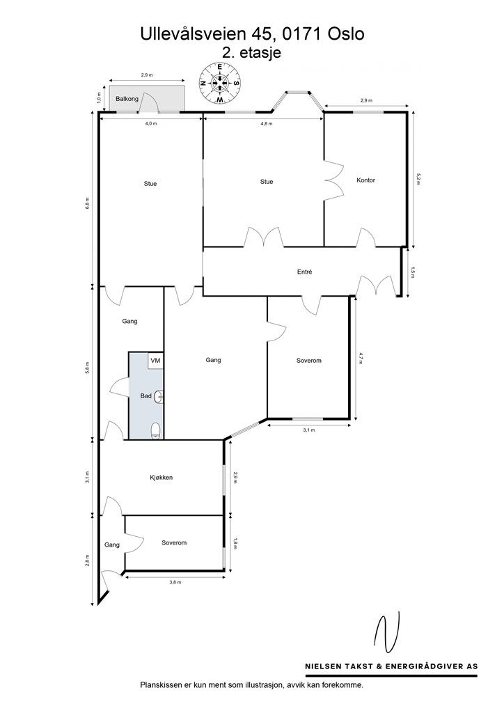 Leiligheten på 162 m² har en fleksibel planløsning med store rom og god romfordeling.