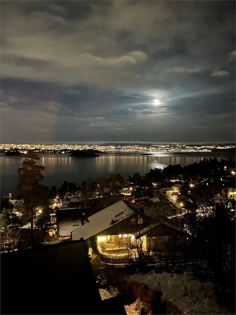Selgers foto: Nyt synet av et opplyst Oslo mens fjorden glitrer i kveldsmørket.