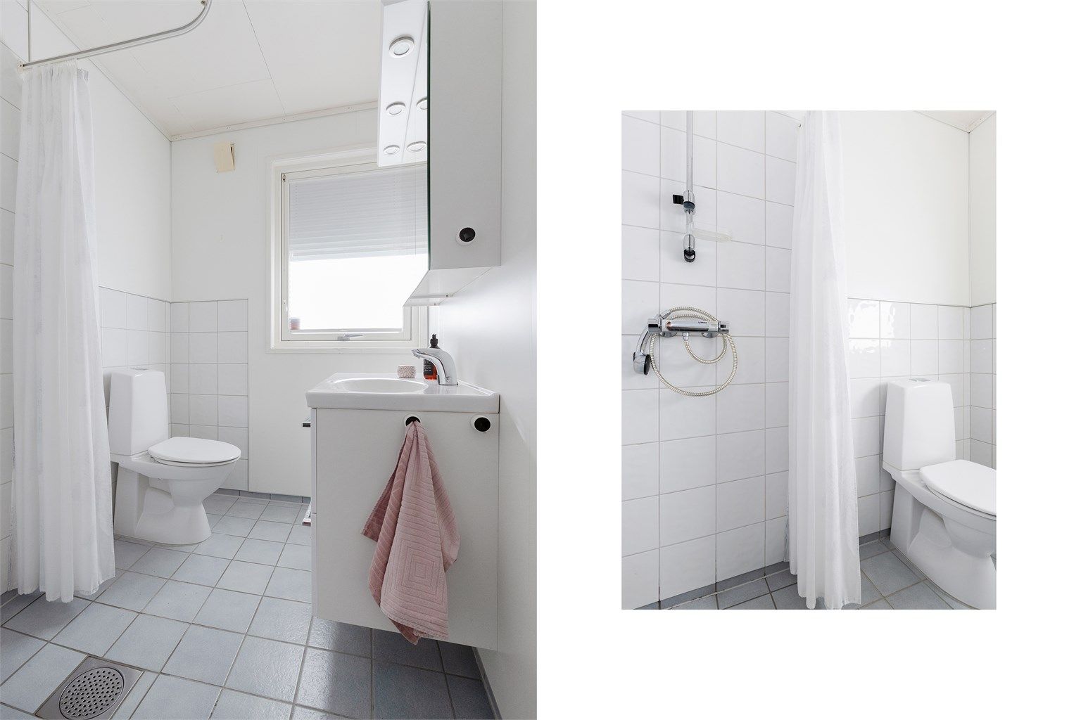 Badet i 1. etasje ble oppgradert i 1995 og har flislagt gulv med gulvvarme. Baderomsmøblene er fra 2011 og nytt toalett ble installert i 2024. 