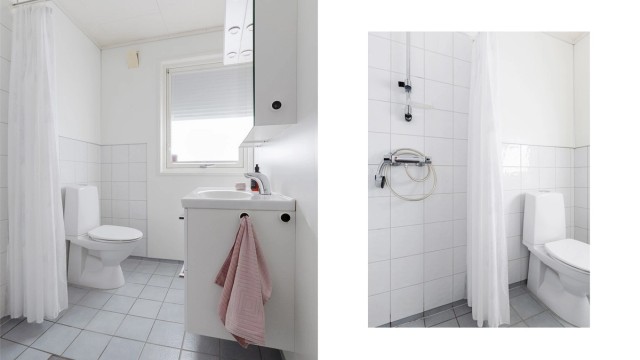 Badet i 1. etasje ble oppgradert i 1995 og har flislagt gulv med gulvvarme. Baderomsmøblene er fra 2011 og nytt toalett ble installert i 2024.