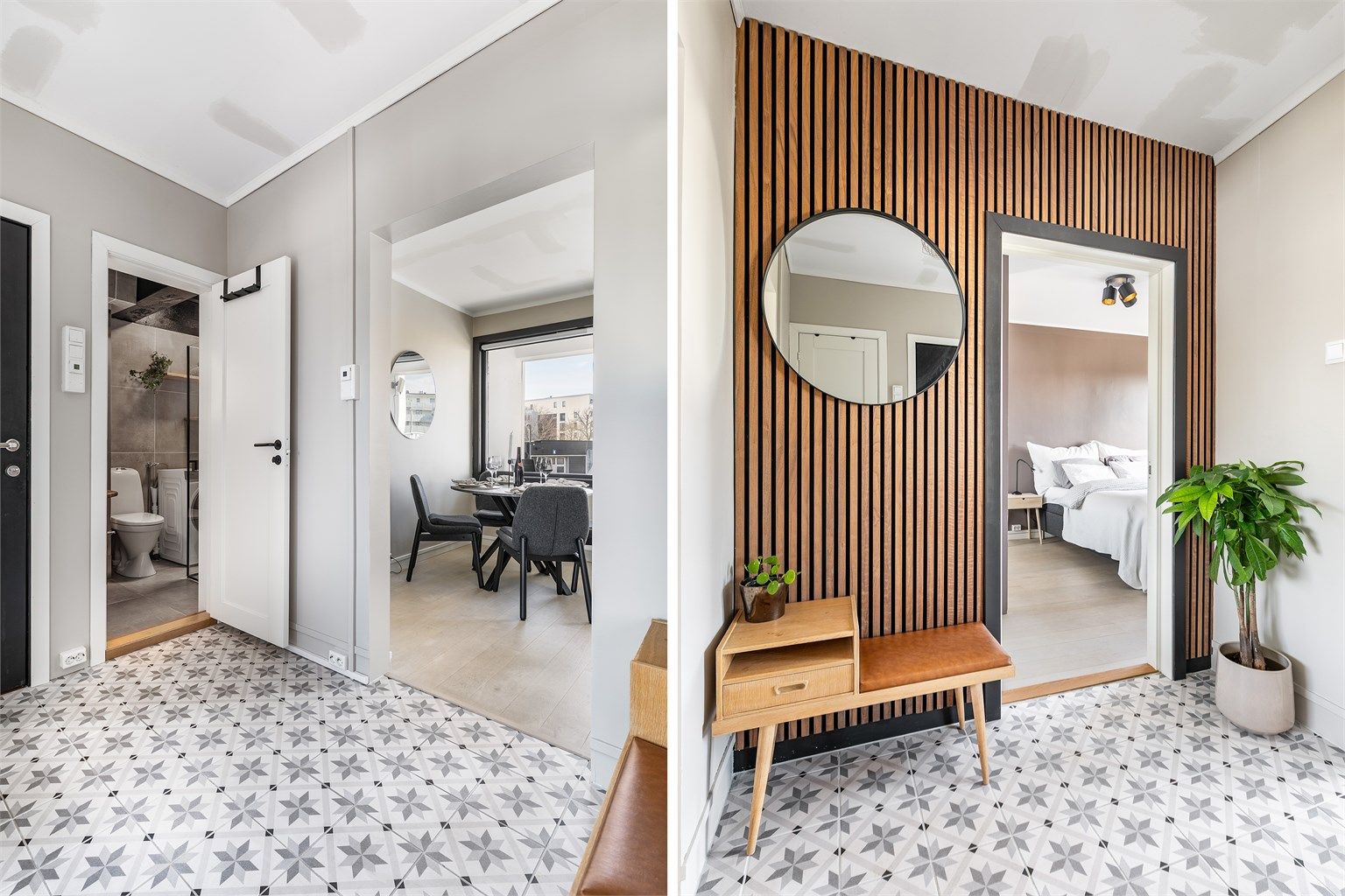 Historiske fliser pryder entreens gulv. I gulvet er det lagt varmekabler, som på badet.