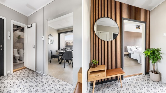 Historiske fliser pryder entreens gulv. I gulvet er det lagt varmekabler, som på badet.