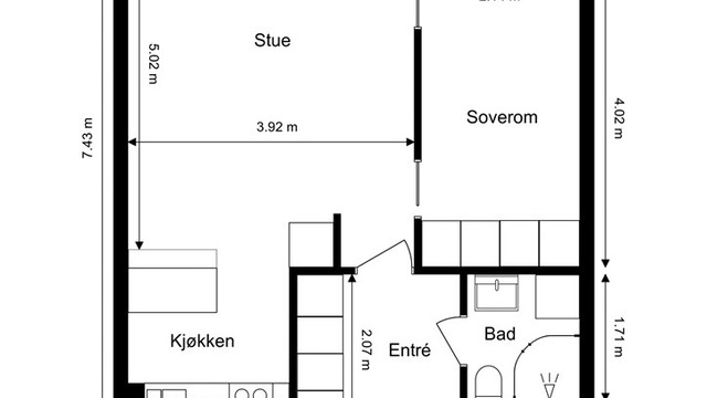 Arealeffektiv planløsning med åpen stue- og kjøkkenløsning og separat soverom.