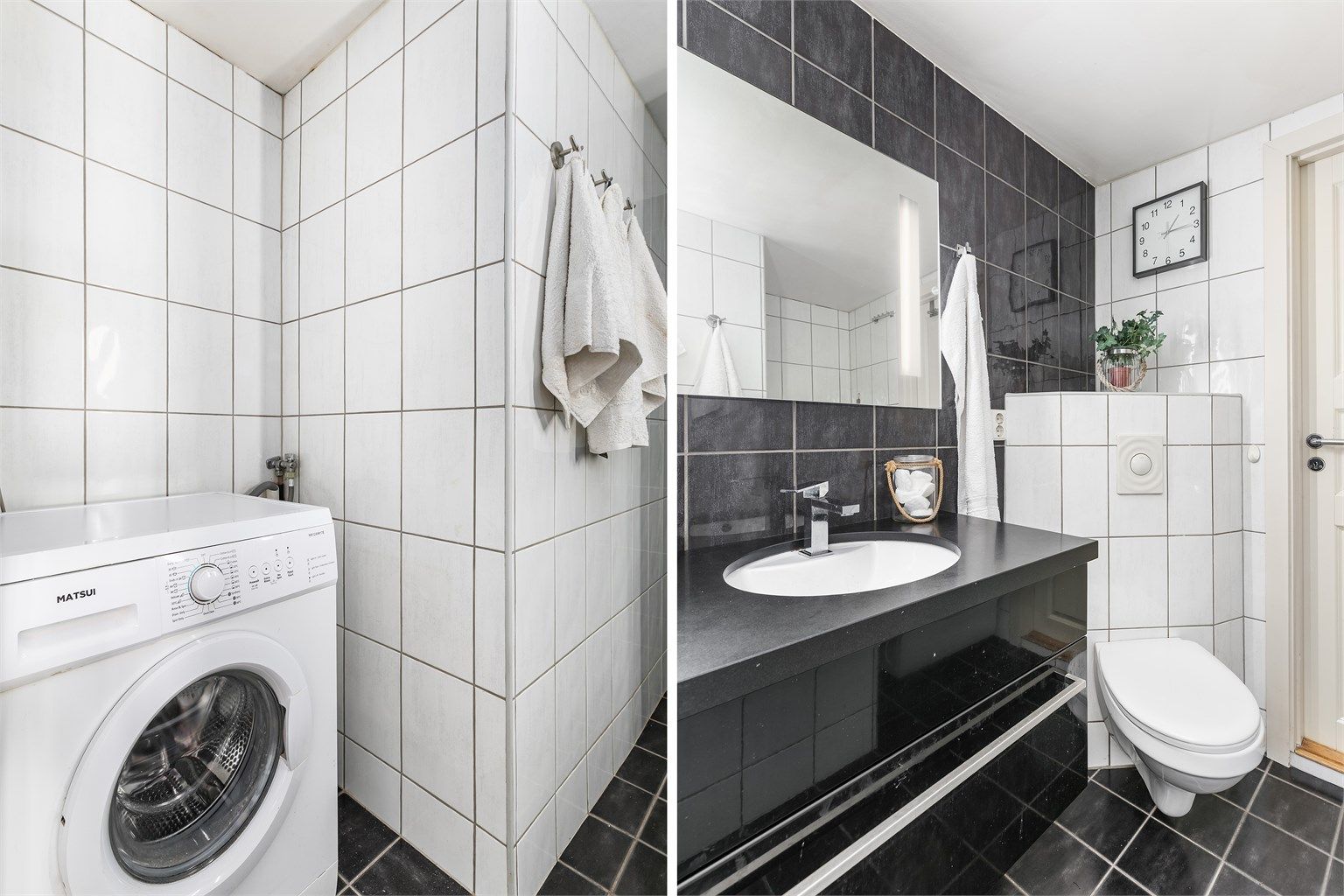På badet har vaskemaskin og eventuell tørketrommel dedikert plass i egen nisje - lite fremtredende i rommet.