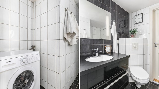 På badet har vaskemaskin og eventuell tørketrommel dedikert plass i egen nisje - lite fremtredende i rommet.