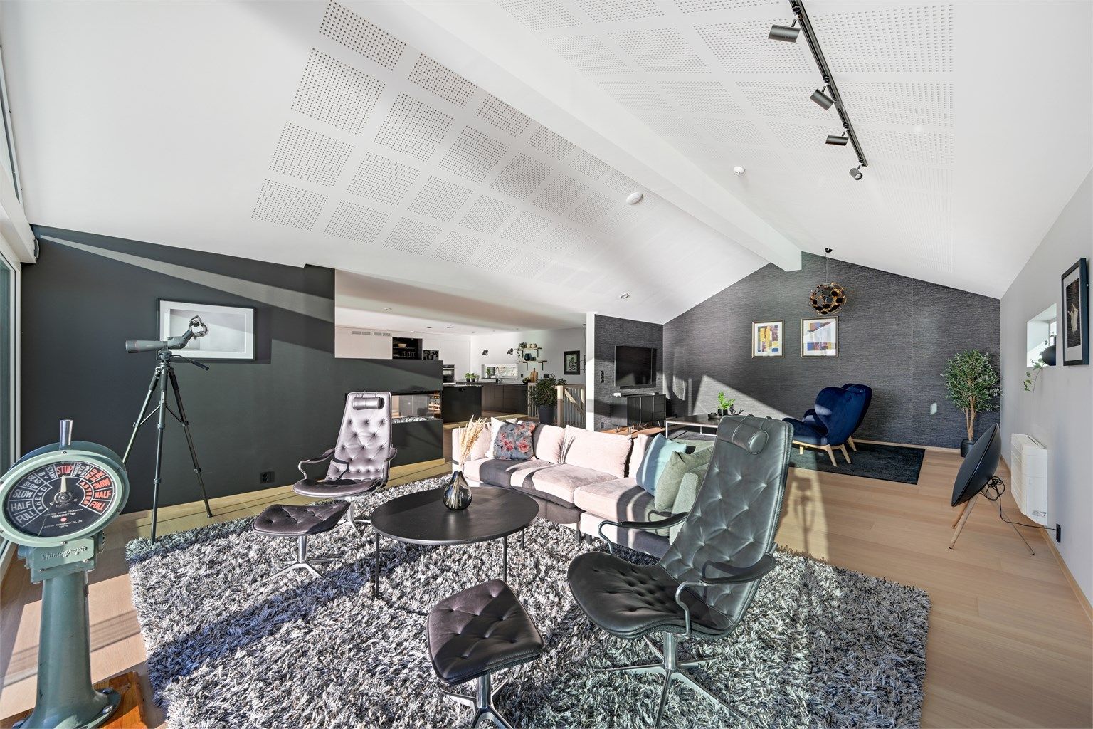 God plass til å innrede med ulike soner i den romslige stuen.