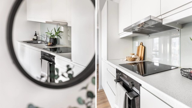 Alle kjøkkenets hvitevarer er integrert og medfølger leiligheten.