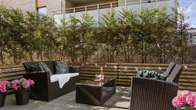 Stor usjenert markterrasse som er fint skjermet med plantekasser og busker - Foto: Eiendomsfoto