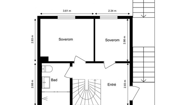 Inngangsplanet består av entré, bad og to av boligens tre soverom.