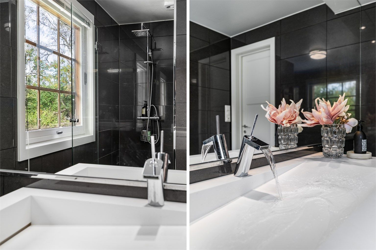 Polerte sorte fliser på gulv og vegger gir badet helhet. I gulvet er det varmekabler.