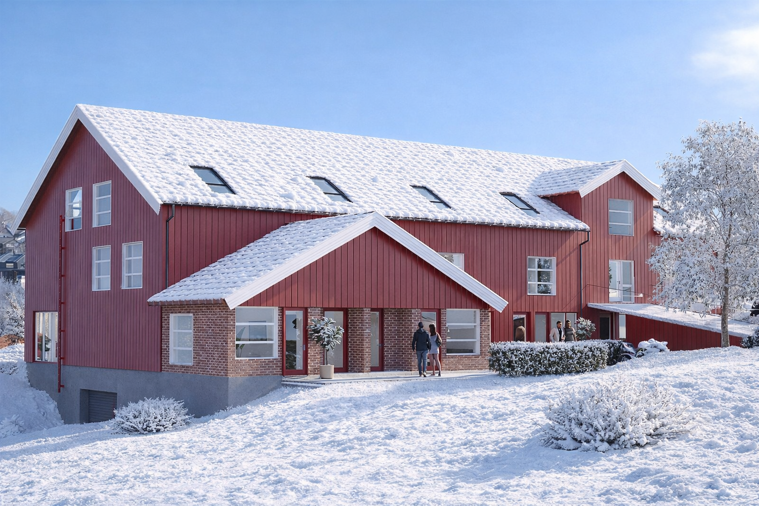 Eiendommen vil bygges med unike fellesarealer med gårdstunfølelse og gode planløsninger med flere bruksmuligheter (3d bilder er ment som en illustrasjon. Avvik vil forekomme) - Redigert vinterbilde Neslia 48 rekkehus