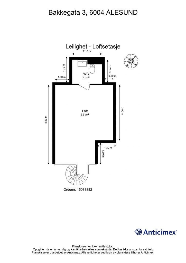 Plantegning av loftsetasjen med hems og WC.