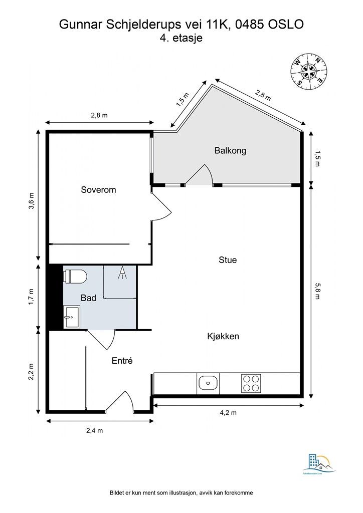 Leiligheten har en gjennomtenkt planløsning som skiller soverom fra de sosiale sonene.