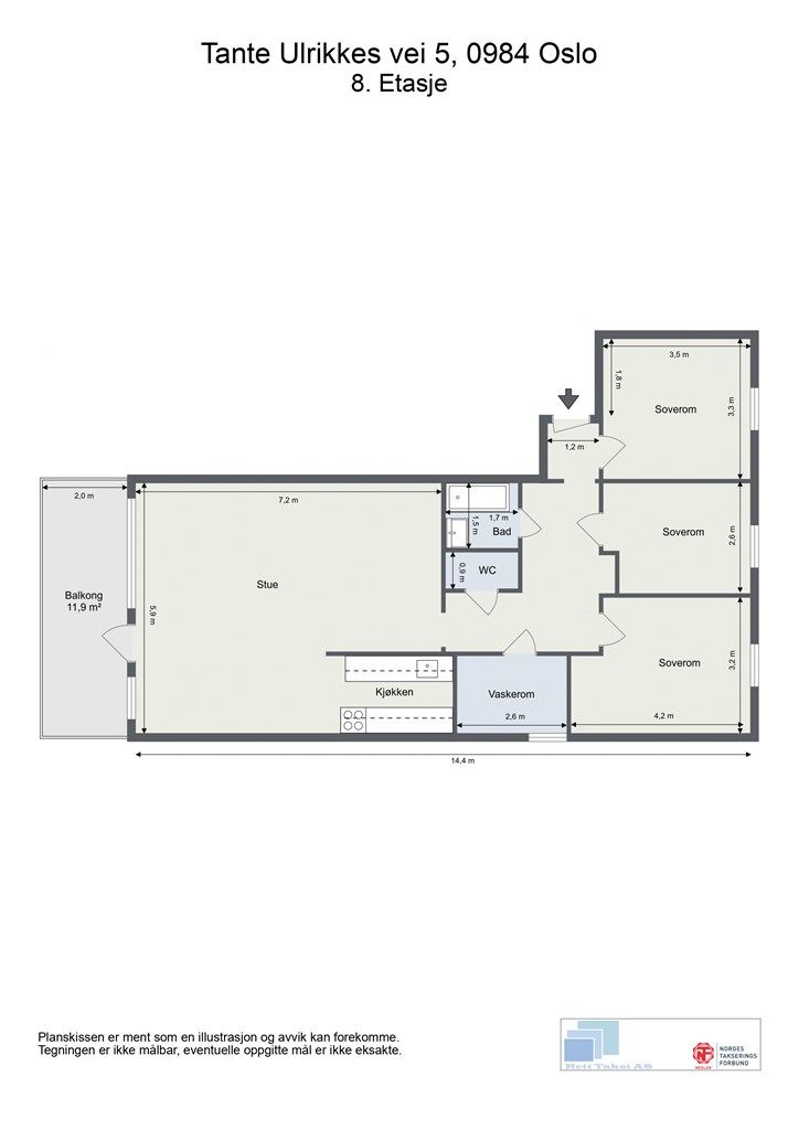 Planløsningen viser en effektiv fordeling med tre soverom, separat bad og WC, samt et praktisk vaskerom.