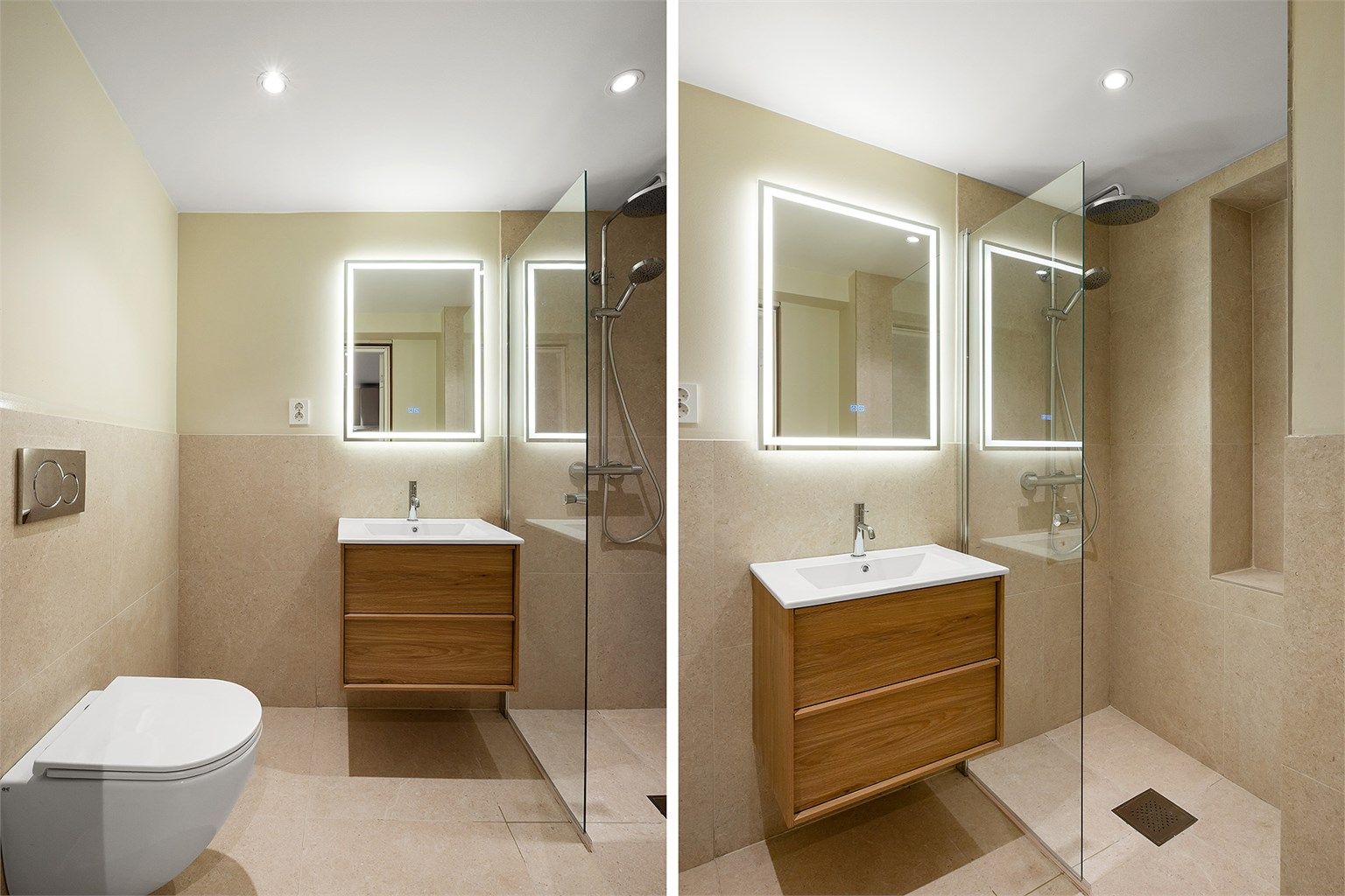 Lekkert baderom med vegghengt toalett, dusjhjørne med innfellbare glassdører og servant.