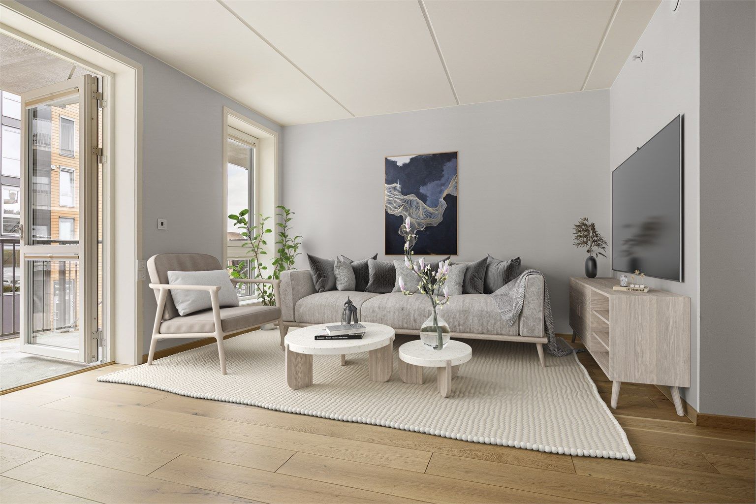 Det er god plass til sofagruppe i stuen - Bilder er digitalt stylet - Bilder ved Eiendomsfoto AS 