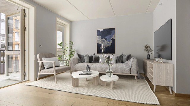 Det er god plass til sofagruppe i stuen - Bilder er digitalt stylet - Bilder ved Eiendomsfoto AS