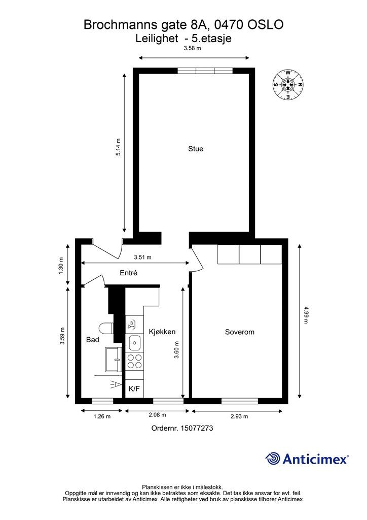 Plantegning. Lys og romslig 2-roms leilighet med mye lysinnslipp fra begge sider.