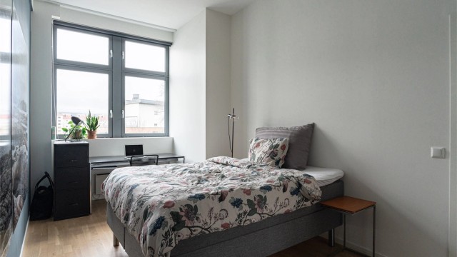 Det store vinduet sørger for mye naturlig lys på rommet.