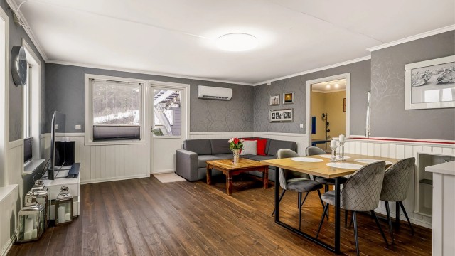 Romslig stue med varmepumpe og direkte utgang til terrassen.