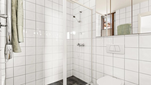 Dusjhjørnet er praktisk utformet med glassdør.