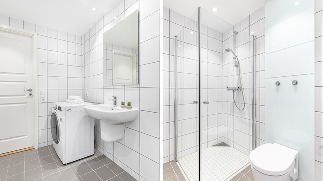 Dusjhjørnets blandebatteri ble skiftet ut i regi av borettslaget i 2022. Badet er for øvrig fra byggeåret.