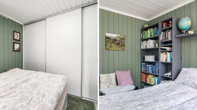 I hovedsoverommets over tre meter brede skyvedørsgarderobe er det rikelig med plass til klær og tilbehør.