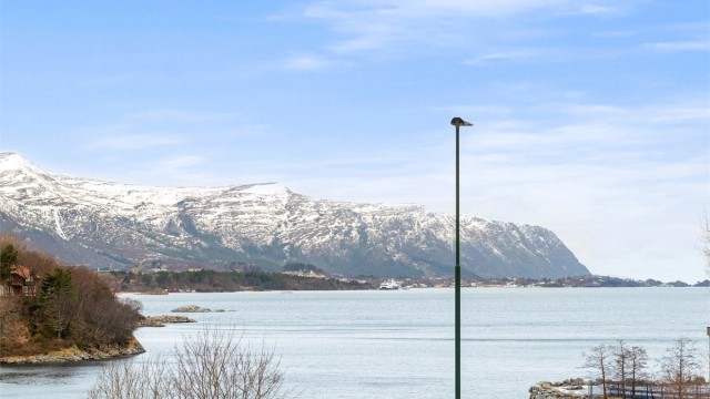Utsikt mot fjell og fjord fra eiendommen