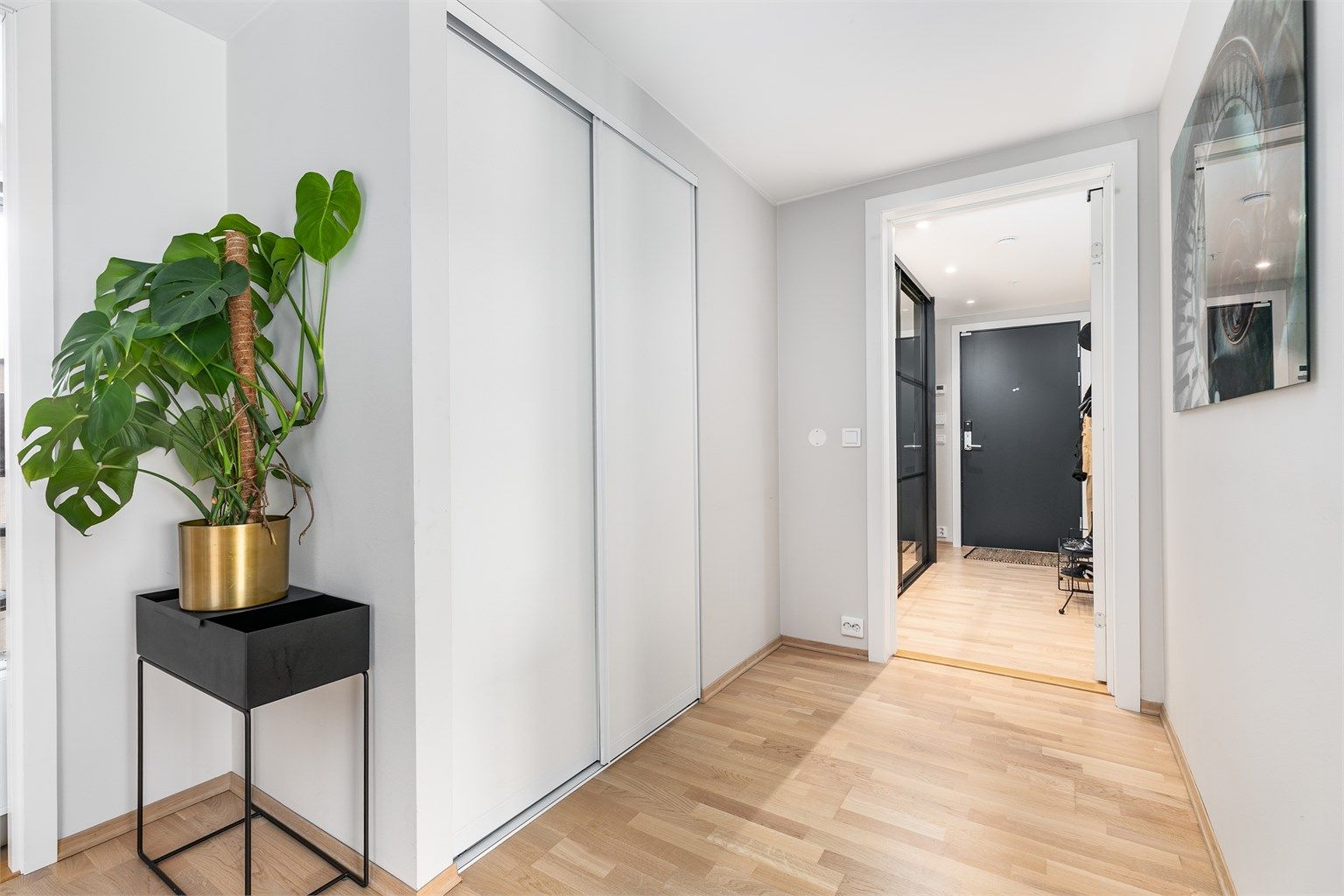 Bak skyvedørene ytterst i gangen er det lagringsmuligheter. Skyvedørsgarderobe er installert i entreen.
