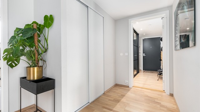 Bak skyvedørene ytterst i gangen er det lagringsmuligheter. Skyvedørsgarderobe er installert i entreen.