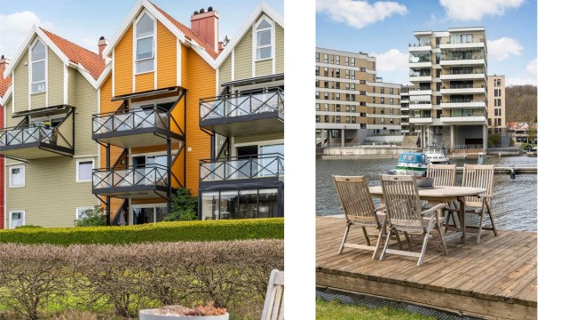 Rett utenfor døren finner du sameiets felles brygge med sitteplasser, badestige og dusj – perfekt for et morgenbad.