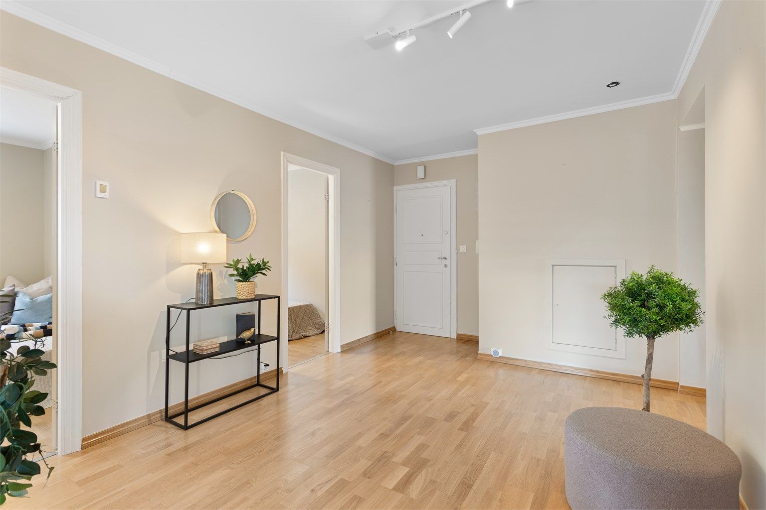 Entre med porttelefon. Gulv belagt med parkett. Slette, malte vegger. 