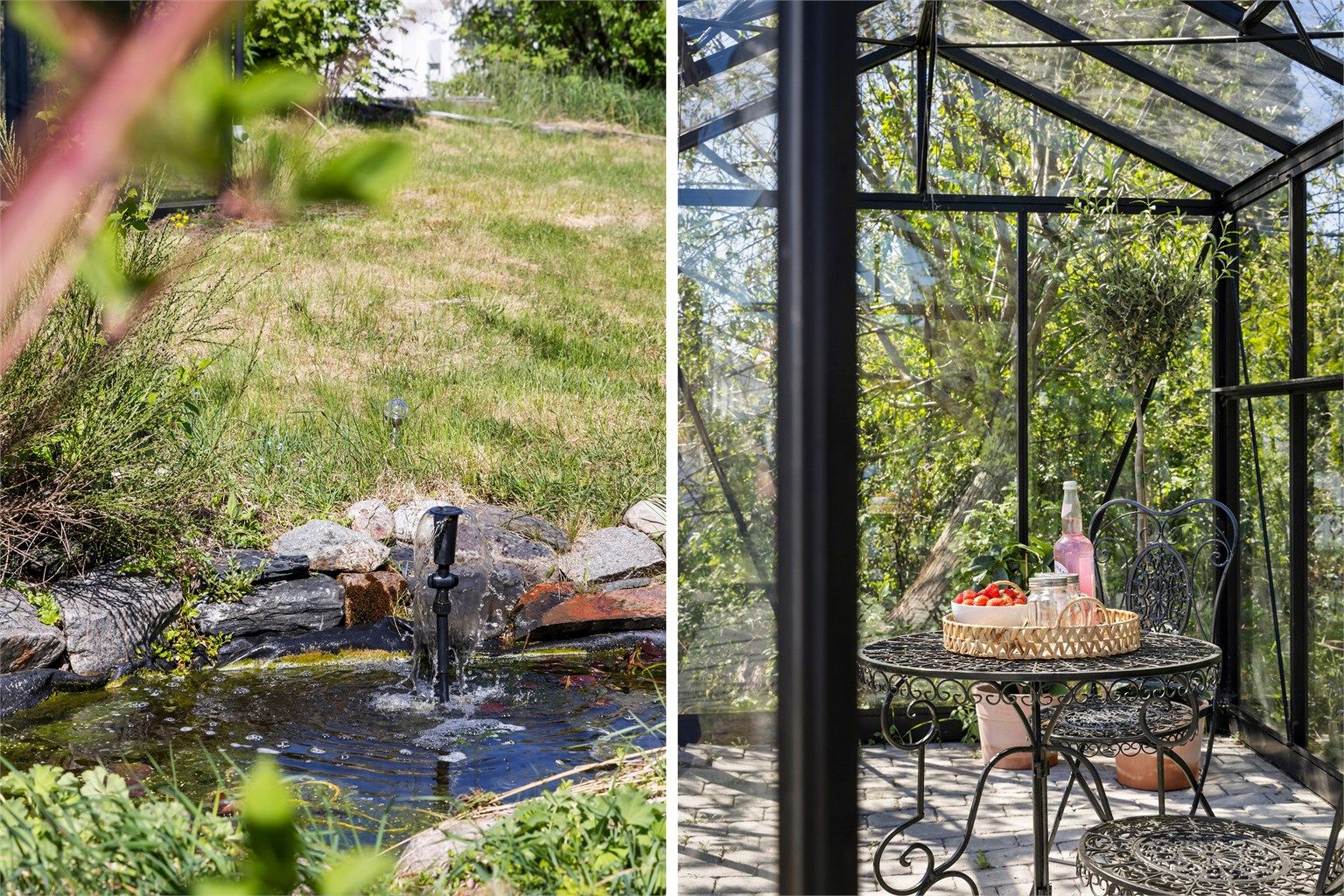  Hagen byr på et mangfold av bed og planter samt hagedam og drivhus