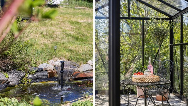 Hagen byr på et mangfold av bed og planter samt hagedam og drivhus