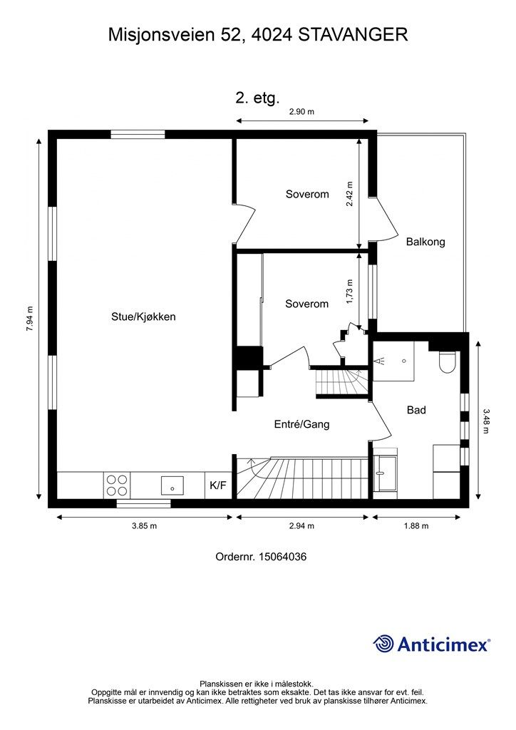 1.etg: Leilighetens hovedplan inneholder stue, kjøkken, to soverom og bad.