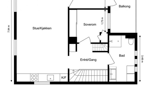 1.etg: Leilighetens hovedplan inneholder stue, kjøkken, to soverom og bad.