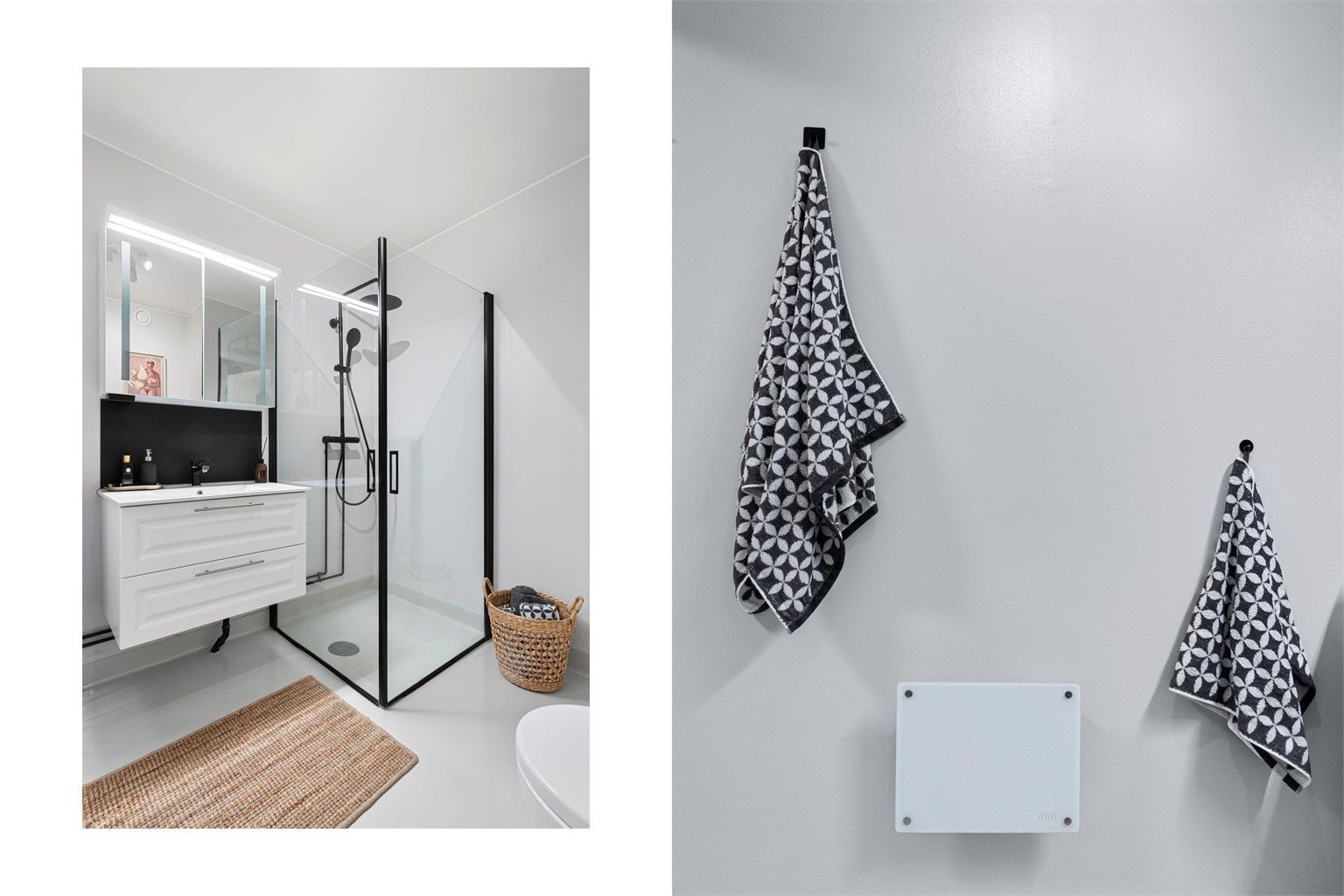 Her finner du servant nedfelt i baderomsinnredning, speilskap med belysning og dusjhjørne med svingbare glassdører. 