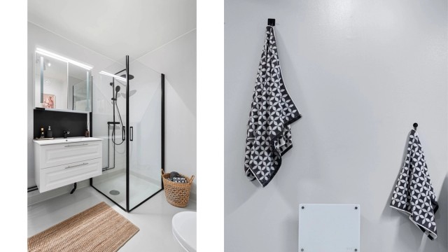 Her finner du servant nedfelt i baderomsinnredning, speilskap med belysning og dusjhjørne med svingbare glassdører.