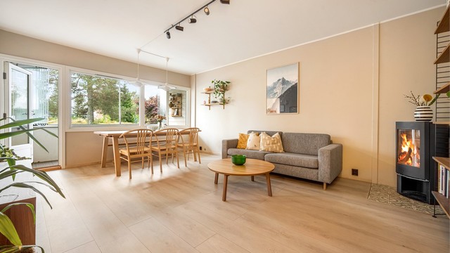 I stuen får du en stor vindusrekke og en praktisk vedovn for de kalde vinterdagene. Foto: Martine Eren Jacobsen