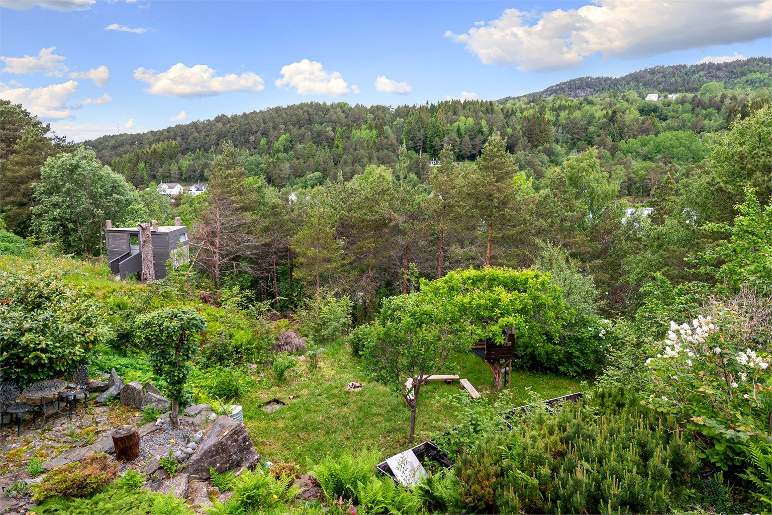 Utsikt nordover mot Emblemsfjellet fra eiendommen.