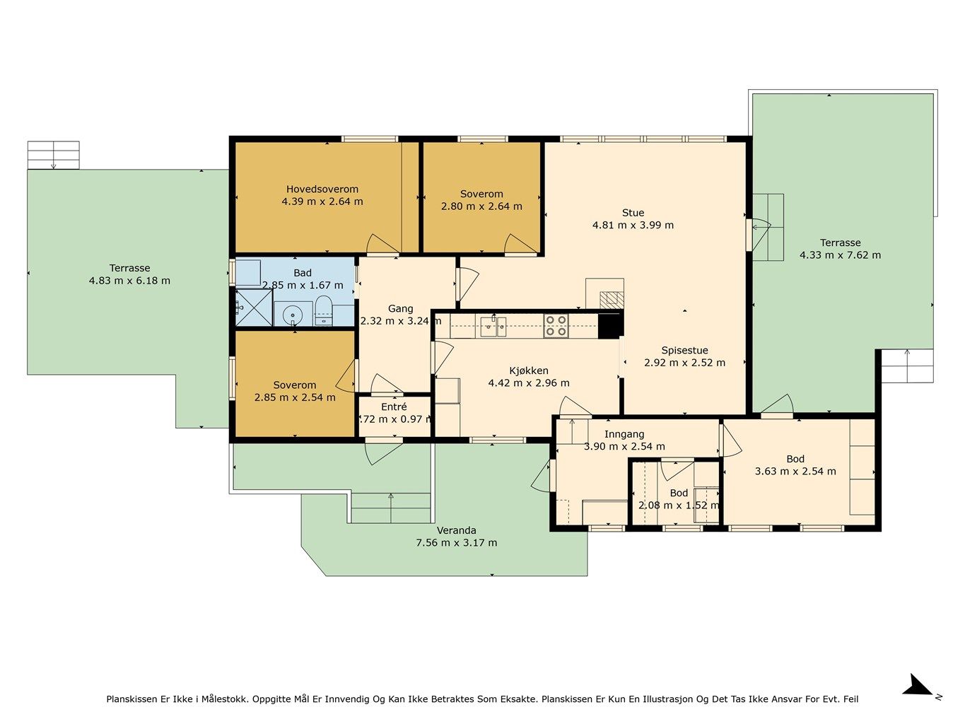 Plantegning slik boligen er godkjent - med 3 soverom