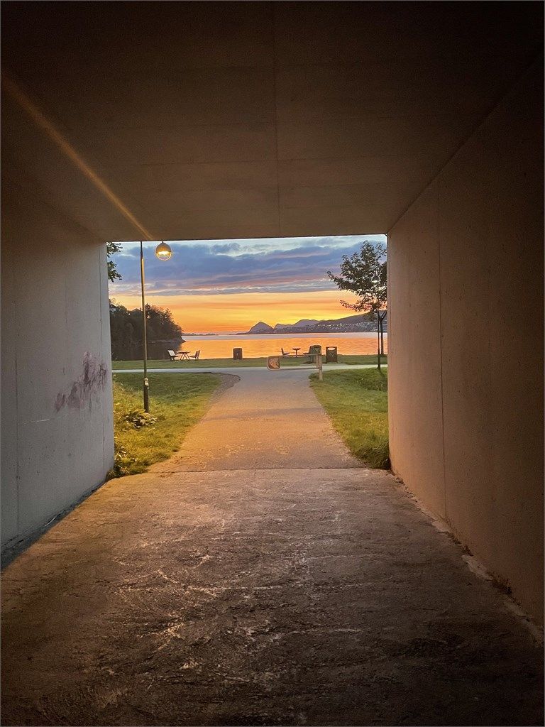 Fra eiendommen er det gangvei under veien ned til friområdet på Sandingane