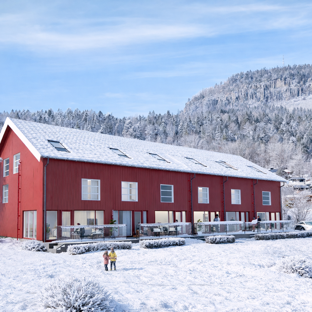 I Neslia 48 kombineres historisk sjel med dagens krav til komfort, kvalitet og design. Boligene vil få balansert ventilasjon og vannbåren varme for behagelig inneklima (3d bilder er ment som en illustrasjon. Avvik vil forekomme) Vinterredigert bilde 