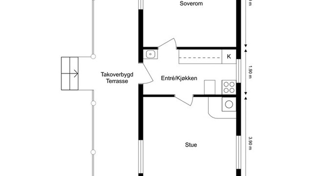 Hytta har en arealeffektiv planløsning med åpen løsning mellom entré og kjøkken, stue og ett soverom.