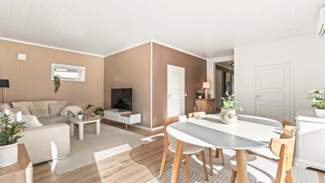 Stuen er malt i moderne farger og har god plass til både sofagruppe og spisebord.