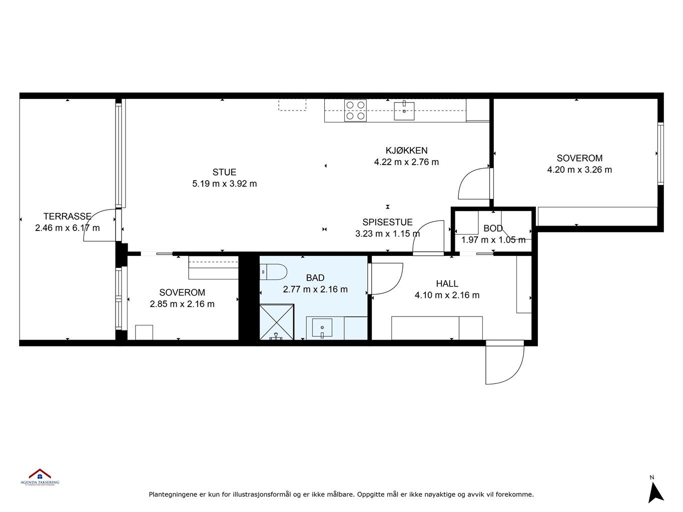 Plantegning med innvendige mål og himmelretning. 