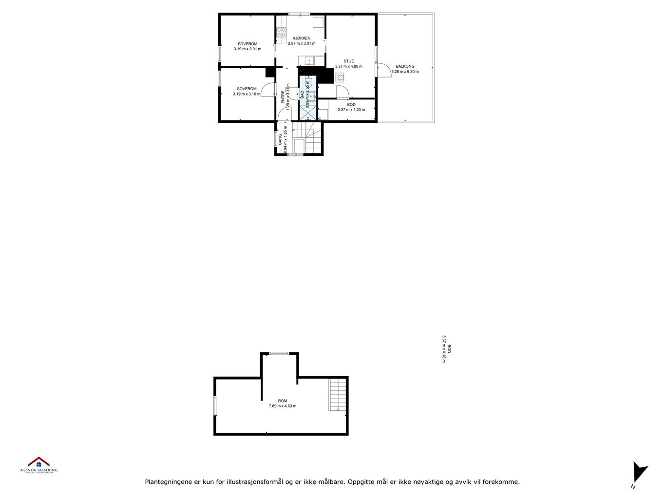 Plantegning med innvendige mål og himmelretning. 