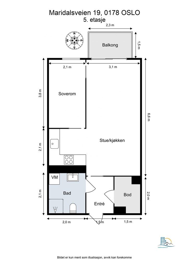 Planløsningen er arealeffektiv og funksjonell, med entré, bod, bad, soverom og en åpen stue- og kjøkkenløsning.