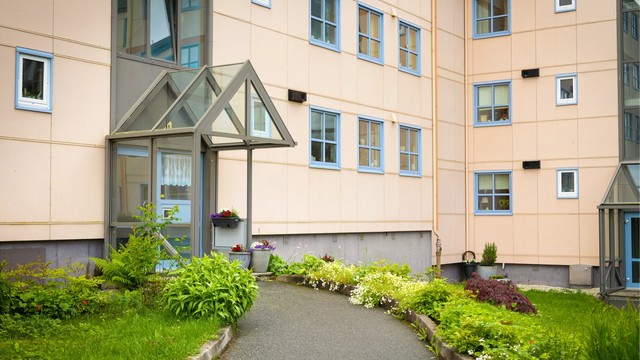 Trivelig inngangsparti med flotte opparbeidete veier og beplantning