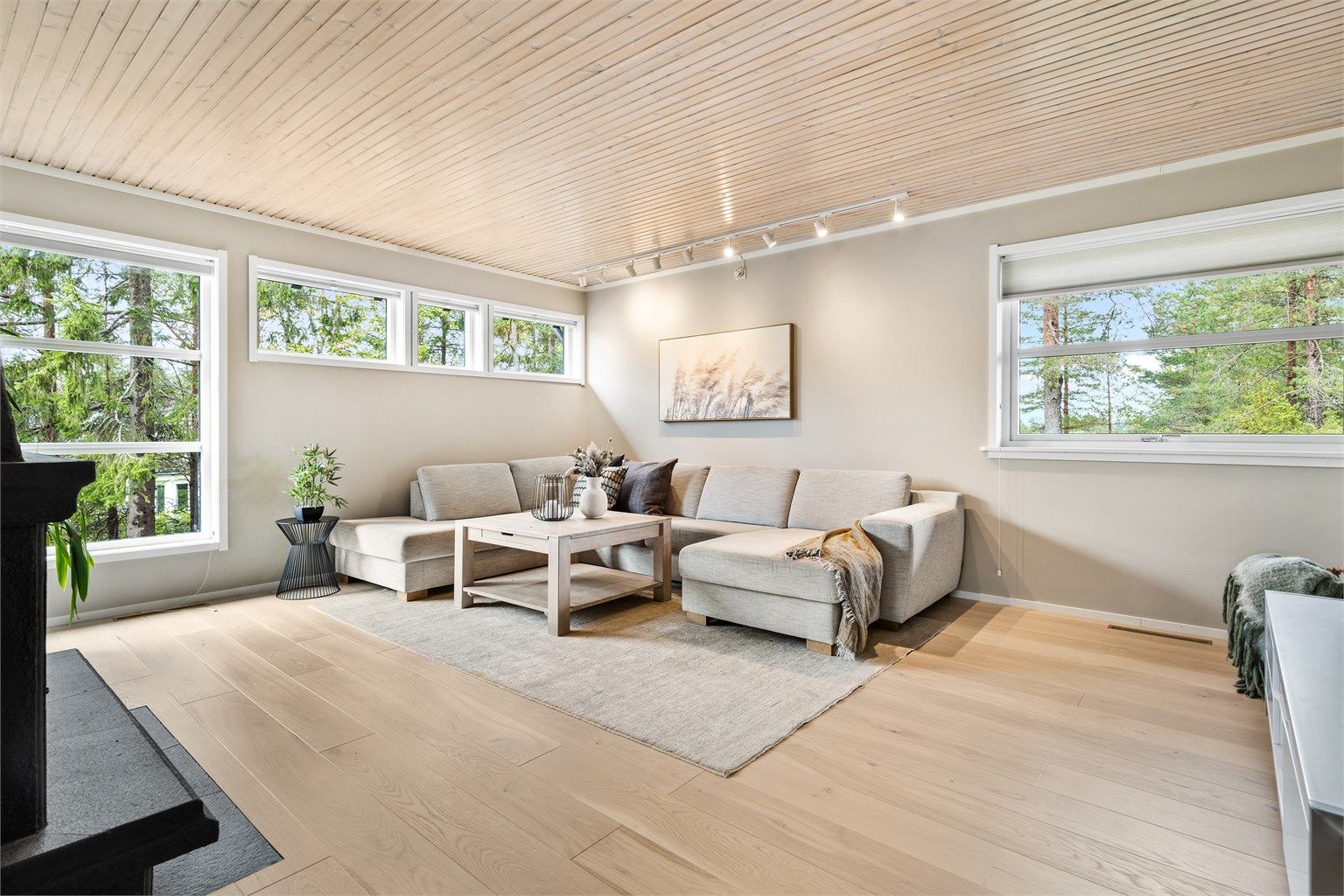 Romslig stue med god plass til sittegruppe, TV-stue og stort spisebord i spisestuedelen.